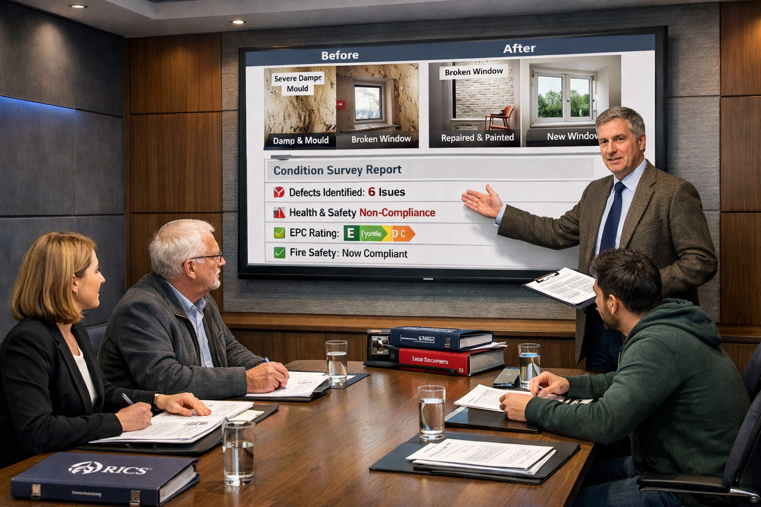 () professional mediation scene in modern conference room showing landlord-tenant dispute resolution with chartered surveyor