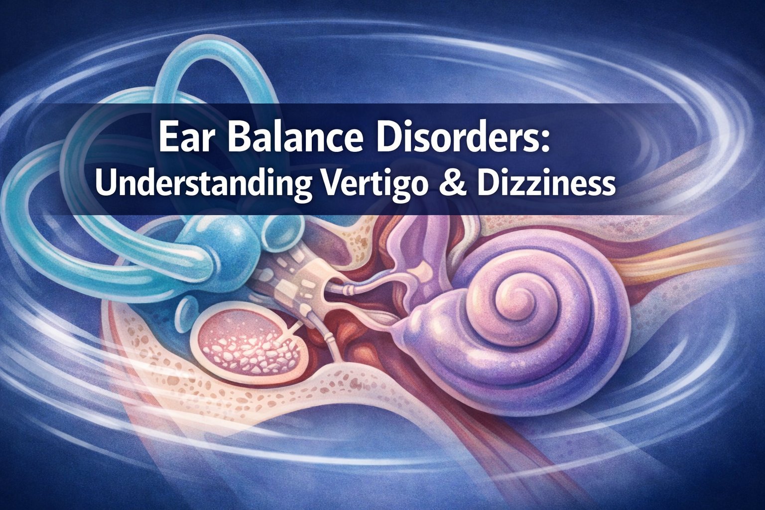 Professional landscape hero image (1536x1024) featuring bold text overlay 'Ear Balance Disorders: Understanding Vertigo & Dizziness' in extr