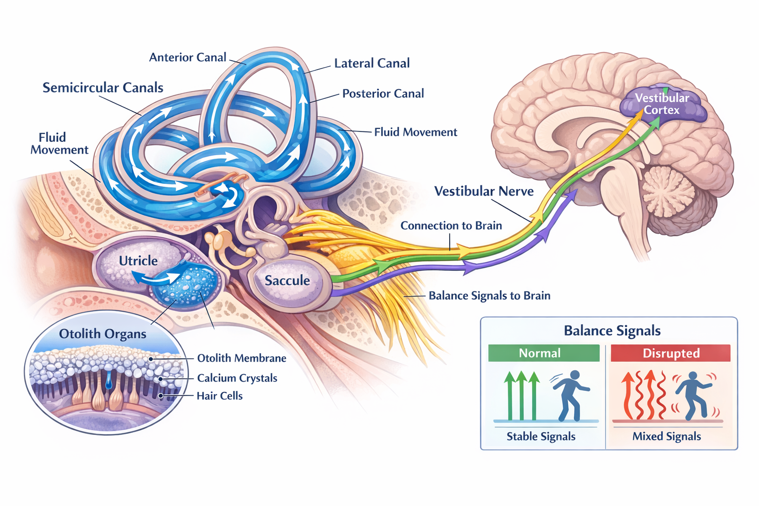 Detailed landscape infographic (1536x1024) showing anatomical cross-section of human inner ear with labeled vestibular system components inc