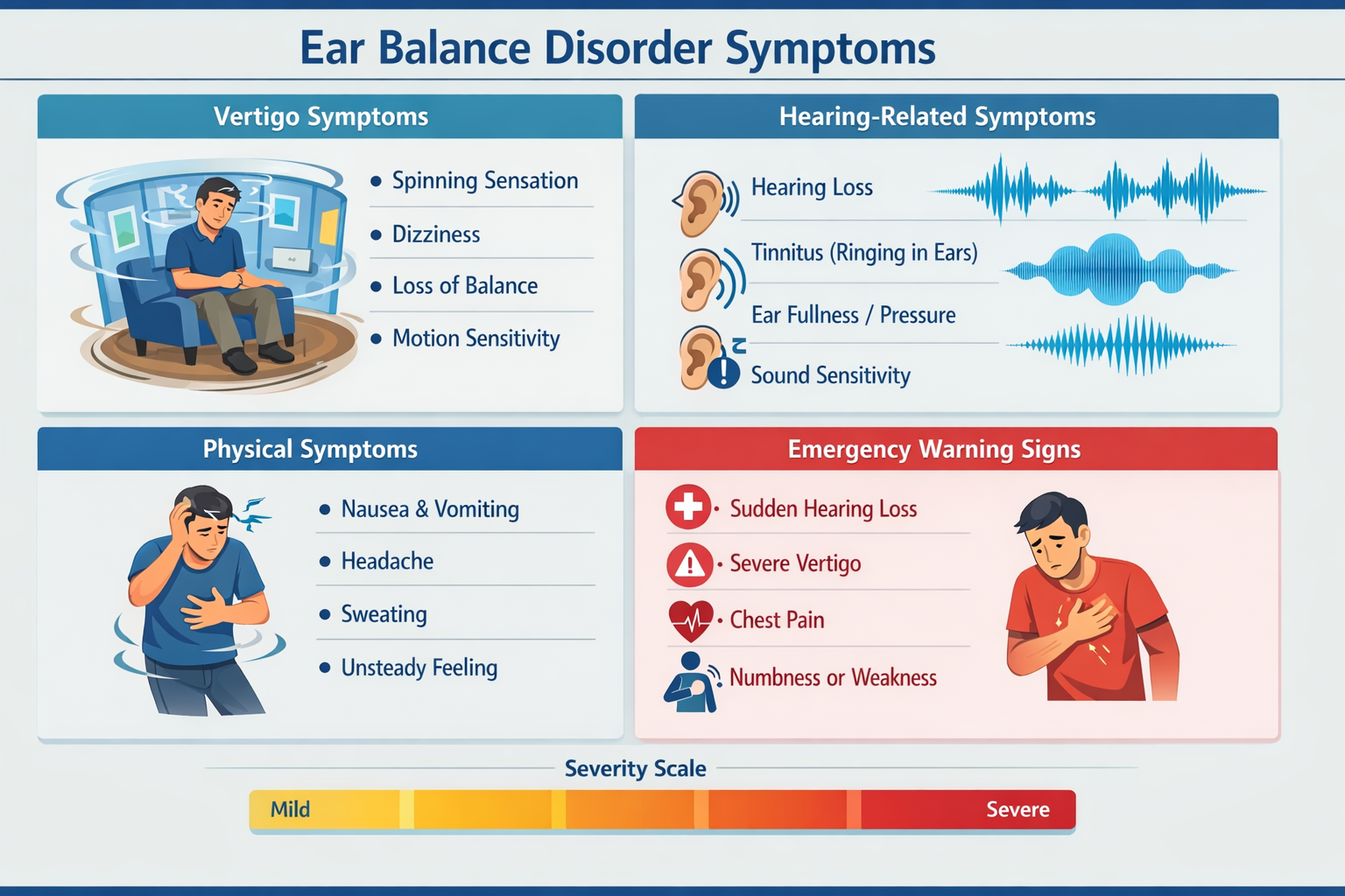 Comprehensive landscape chart (1536x1024) displaying common ear balance disorder symptoms in organized visual format. Split into four quadra