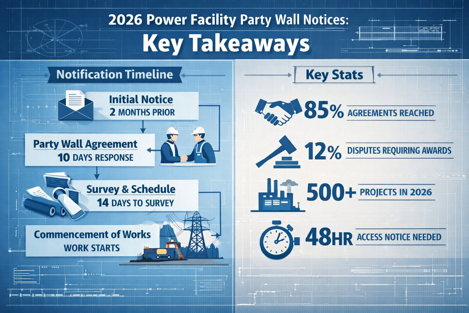 Infographic-style editorial image visualizing 'Key Takeaways' for 2026 Power Facility Party Wall Notices. Centered
