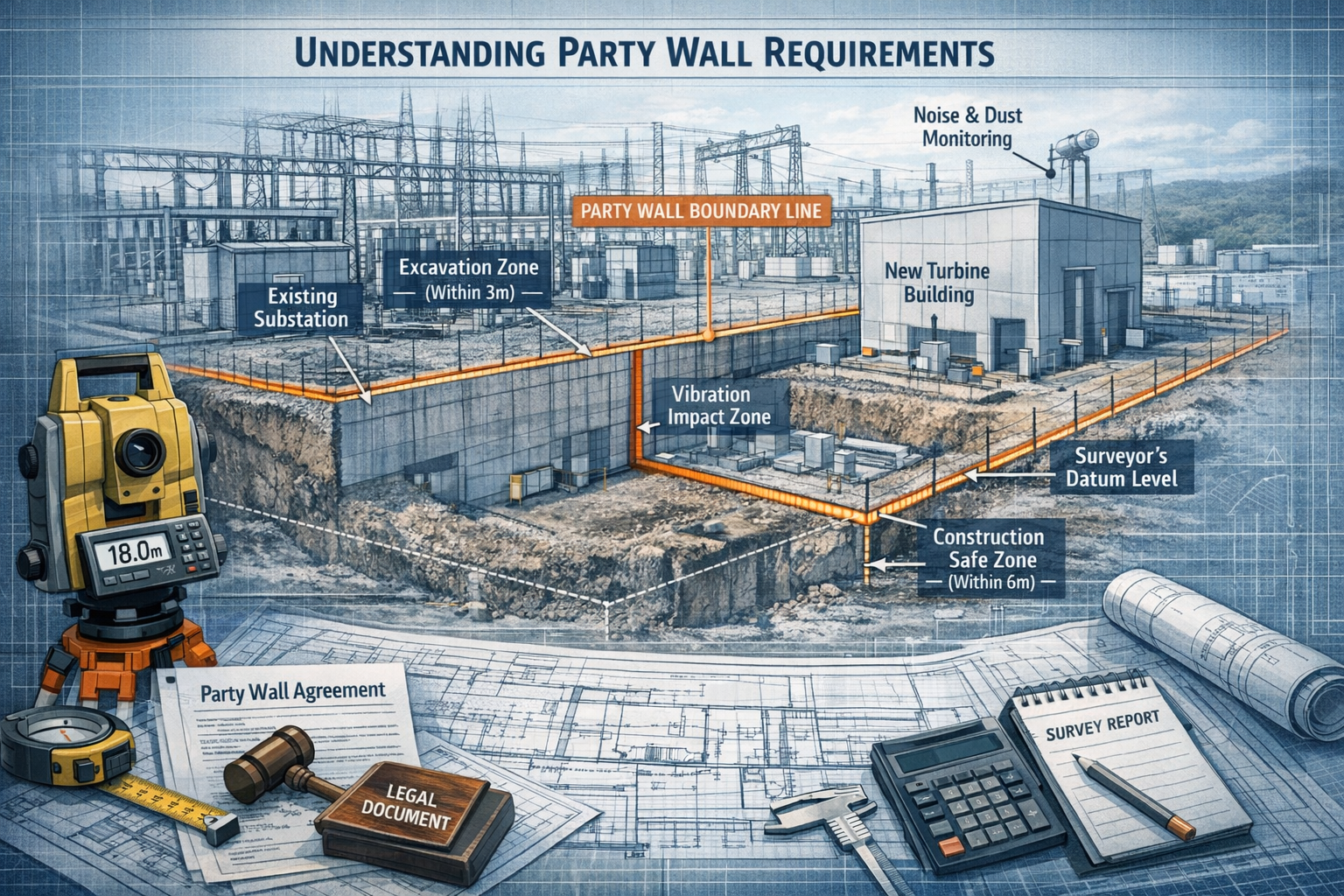 Technical architectural rendering depicting 'Understanding Party Wall Requirements' with cutaway view of power facility