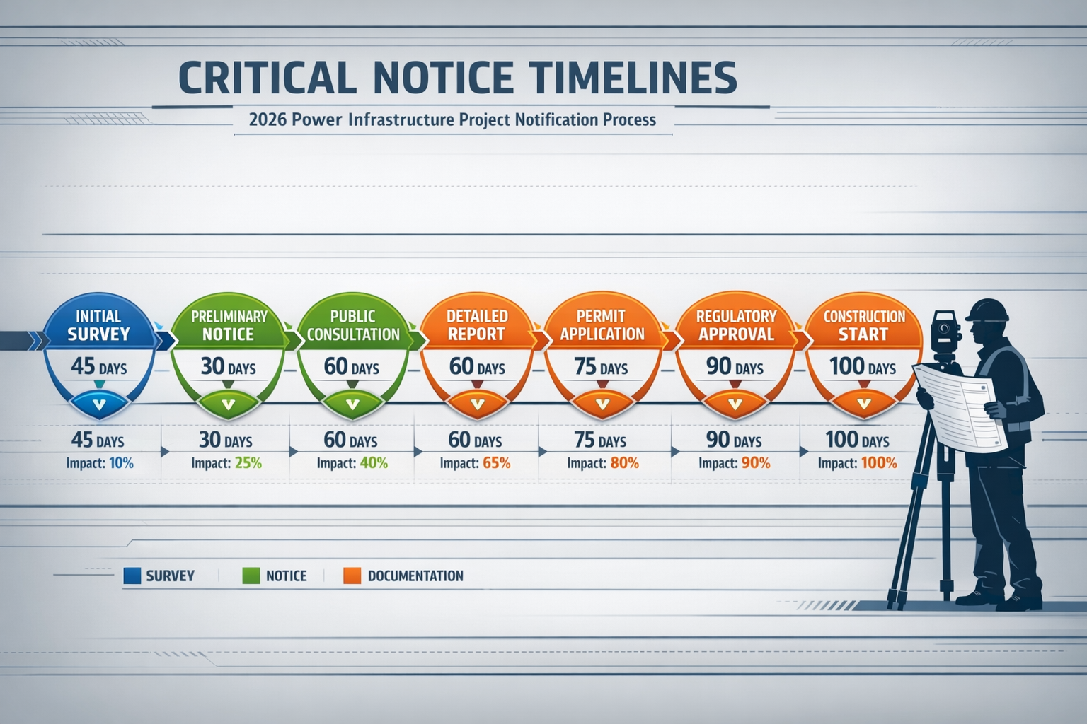 Comprehensive timeline visualization for 'Critical Notice Timelines' showing 2026 power infrastructure project notification