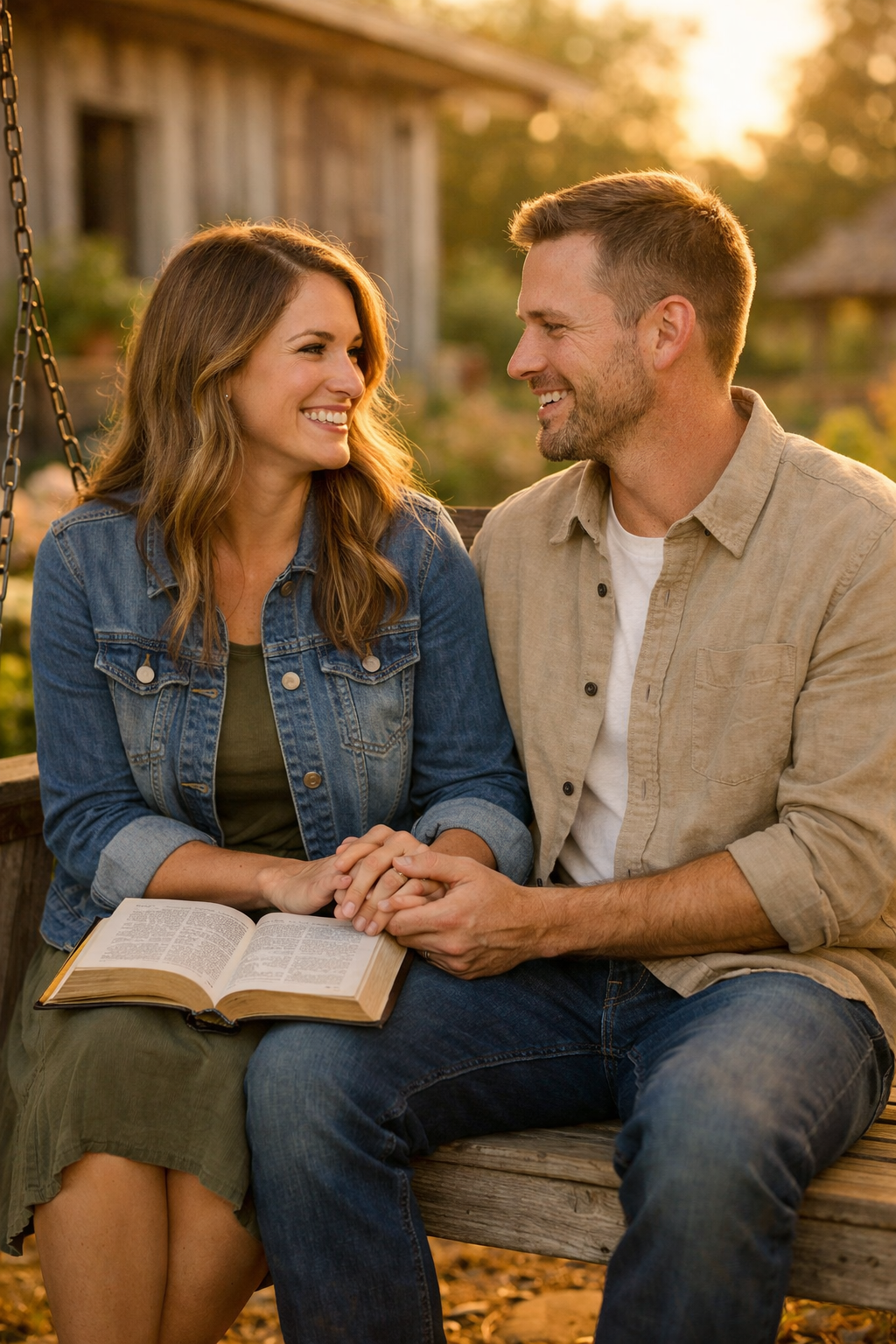 20 Bible Verses for Couples and Relationships That Transform Love Portrait format (1024x1536) image of couple sitting together on porch swing or bench, reading Bible together, genuine smiles and engaged con