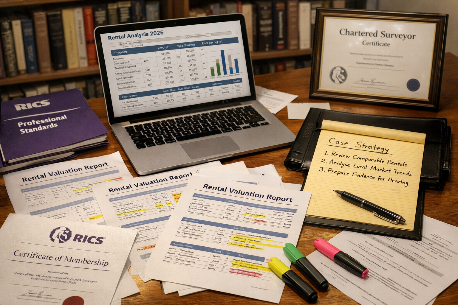 () editorial image showing close-up of expert witness preparation scene: chartered surveyor's desk with multiple rental