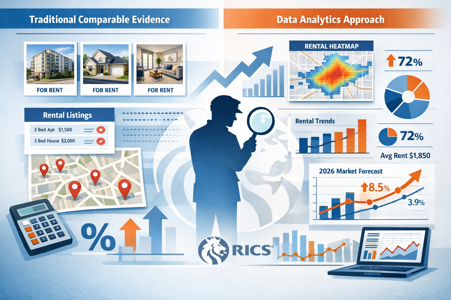 () detailed infographic-style image displaying rental market valuation methodology: split-screen composition showing left