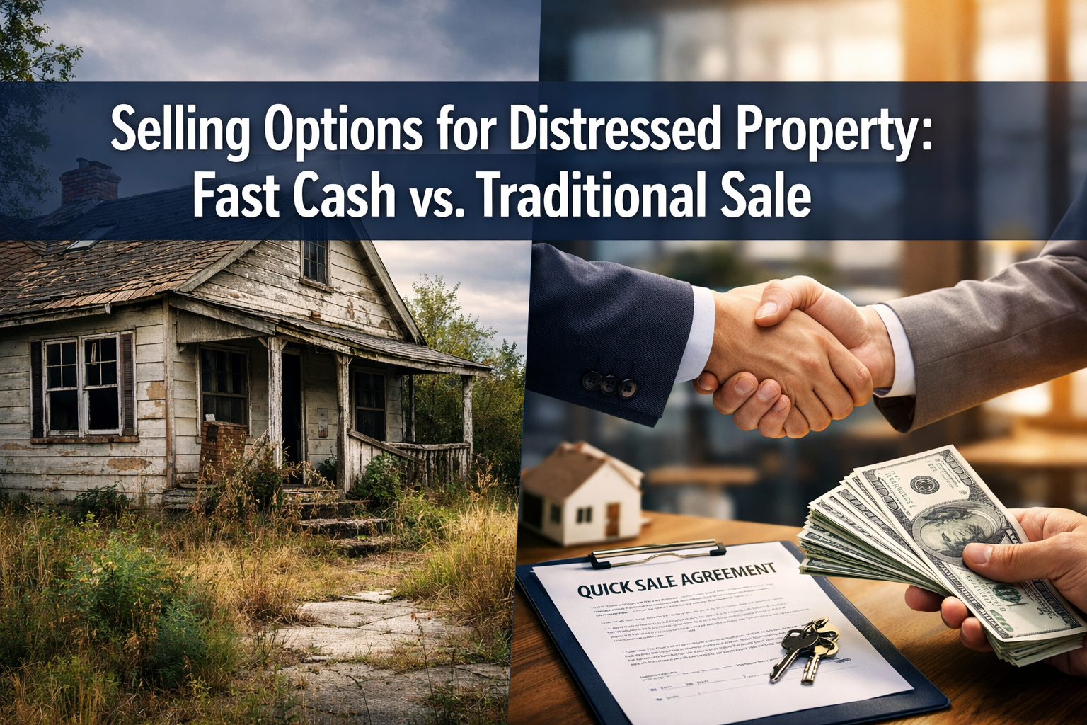 Professional landscape hero image (1536x1024) featuring bold text overlay 'Selling Options for Distressed Property: Fast Cash vs. Traditiona