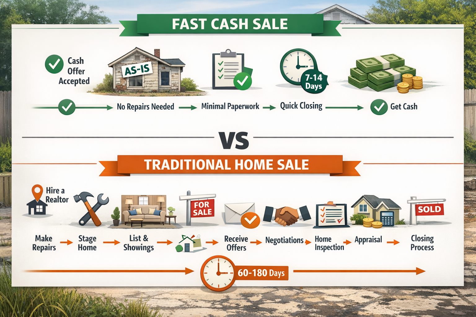 Detailed landscape infographic (1536x1024) comparing fast cash sale versus traditional sale timelines with two parallel horizontal process f
