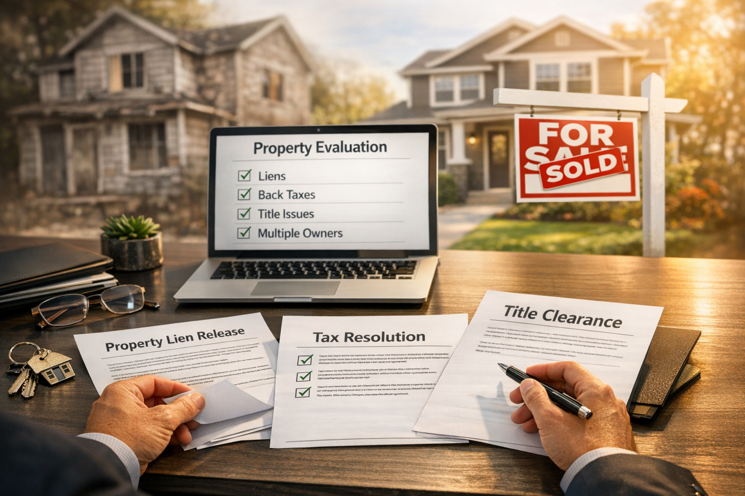 Detailed landscape photograph (1536x1024) showing professional real estate consultation scene with diverse elements representing distressed