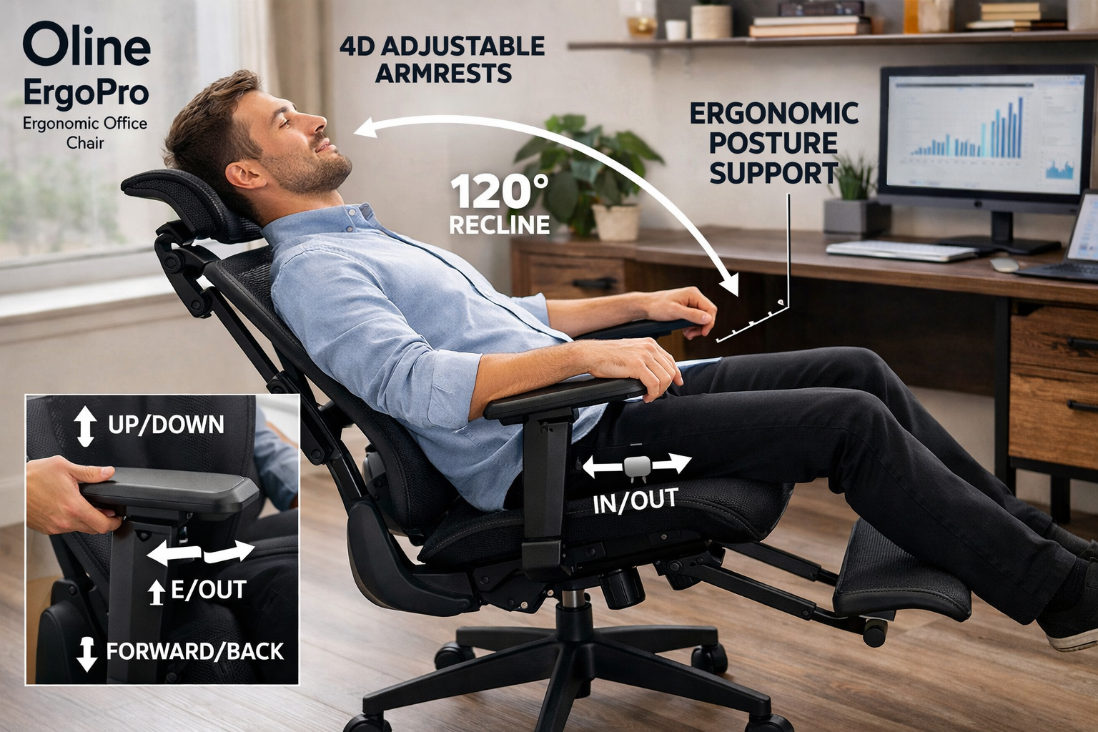 Detailed showcase of the Oline ErgoPro Ergonomic Office Chair highlighting key features in action — a person seated in the Oline ErgoPro adjusting the 4D armrests and reclining at 120 degrees in a modern home office, demonstrating ergonomic posture alignment