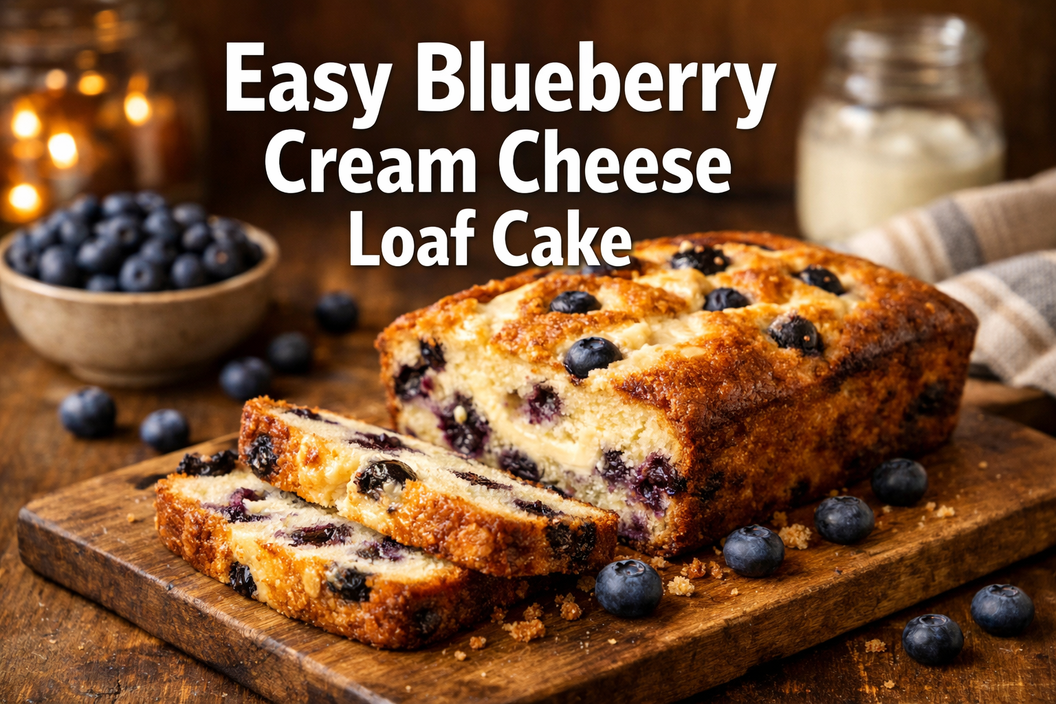 Professional landscape hero image (1536x1024) featuring bold text overlay 'Easy Blueberry Cream Cheese Loaf Cake' in extra large 72pt white 