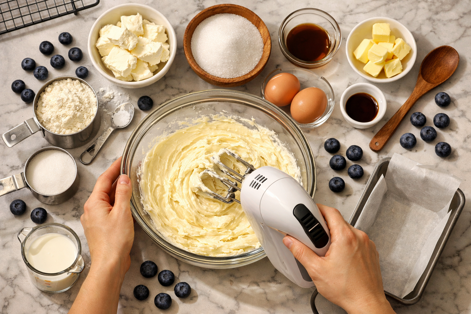 Detailed step-by-step baking process image showing hands mixing cream cheese batter in clear glass bowl with electric hand mixer, fresh blue