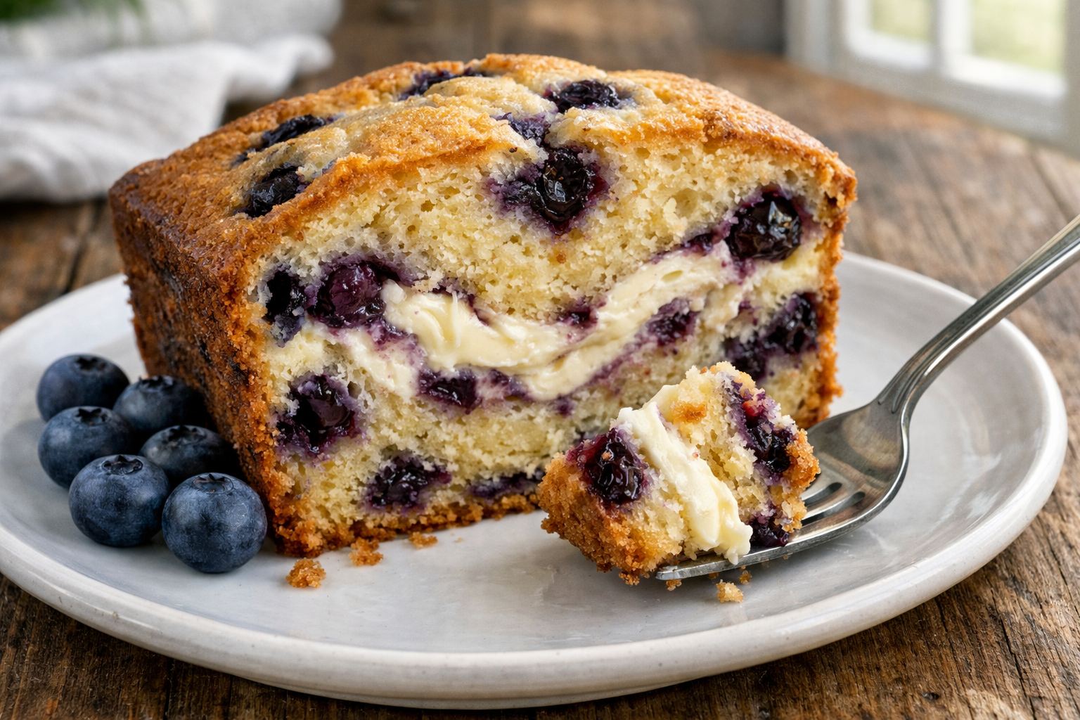 Cross-section view of perfectly sliced blueberry cream cheese loaf cake showing moist golden crumb with visible blueberries and marbled crea