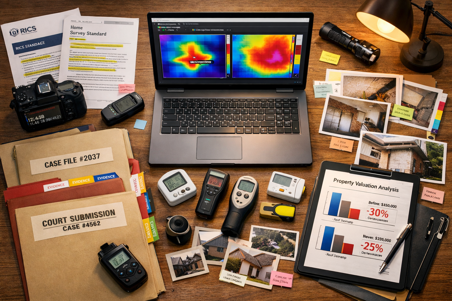 () comprehensive evidence documentation workspace scene showing expert witness preparation materials. Overhead flat-lay