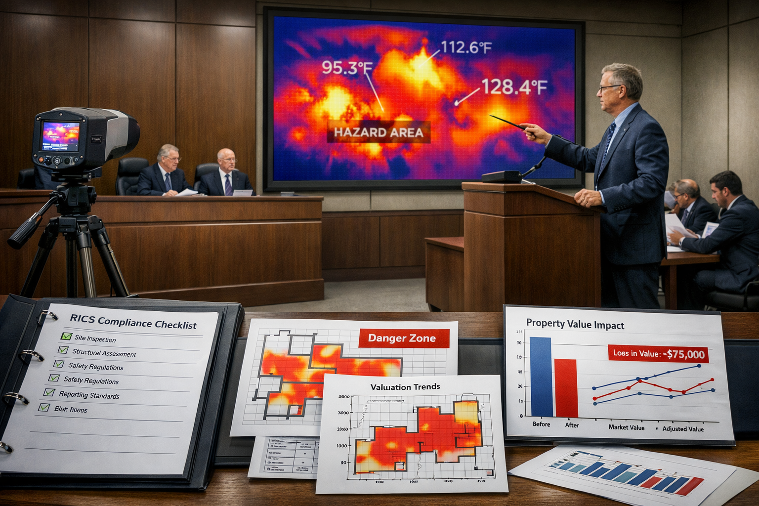 () professional courtroom testimony preparation scene showing expert witness presenting evidence to tribunal. Wide-angle