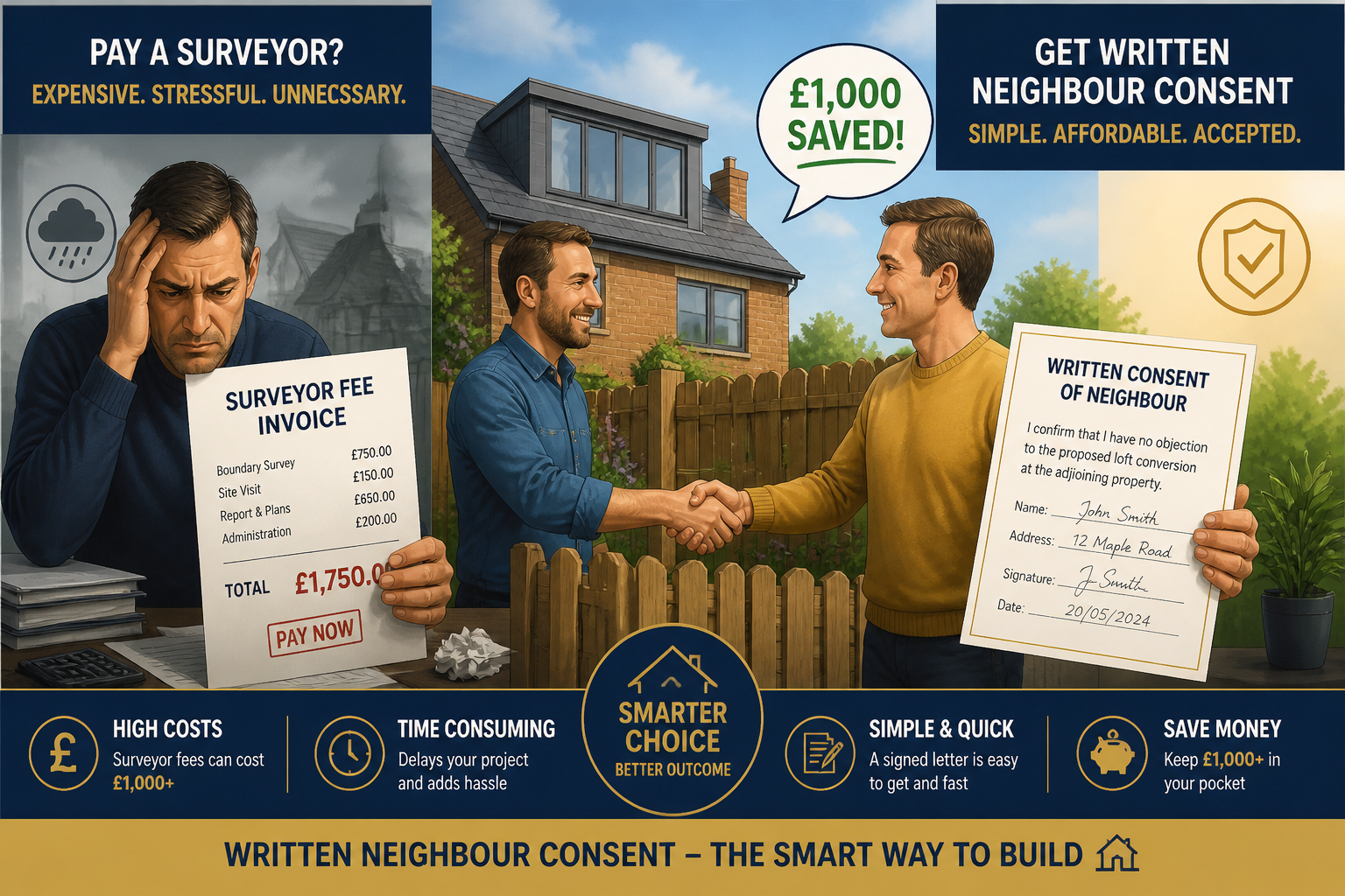 () editorial illustration showing a homeowner and neighbour shaking hands across a garden fence with a loft conversion