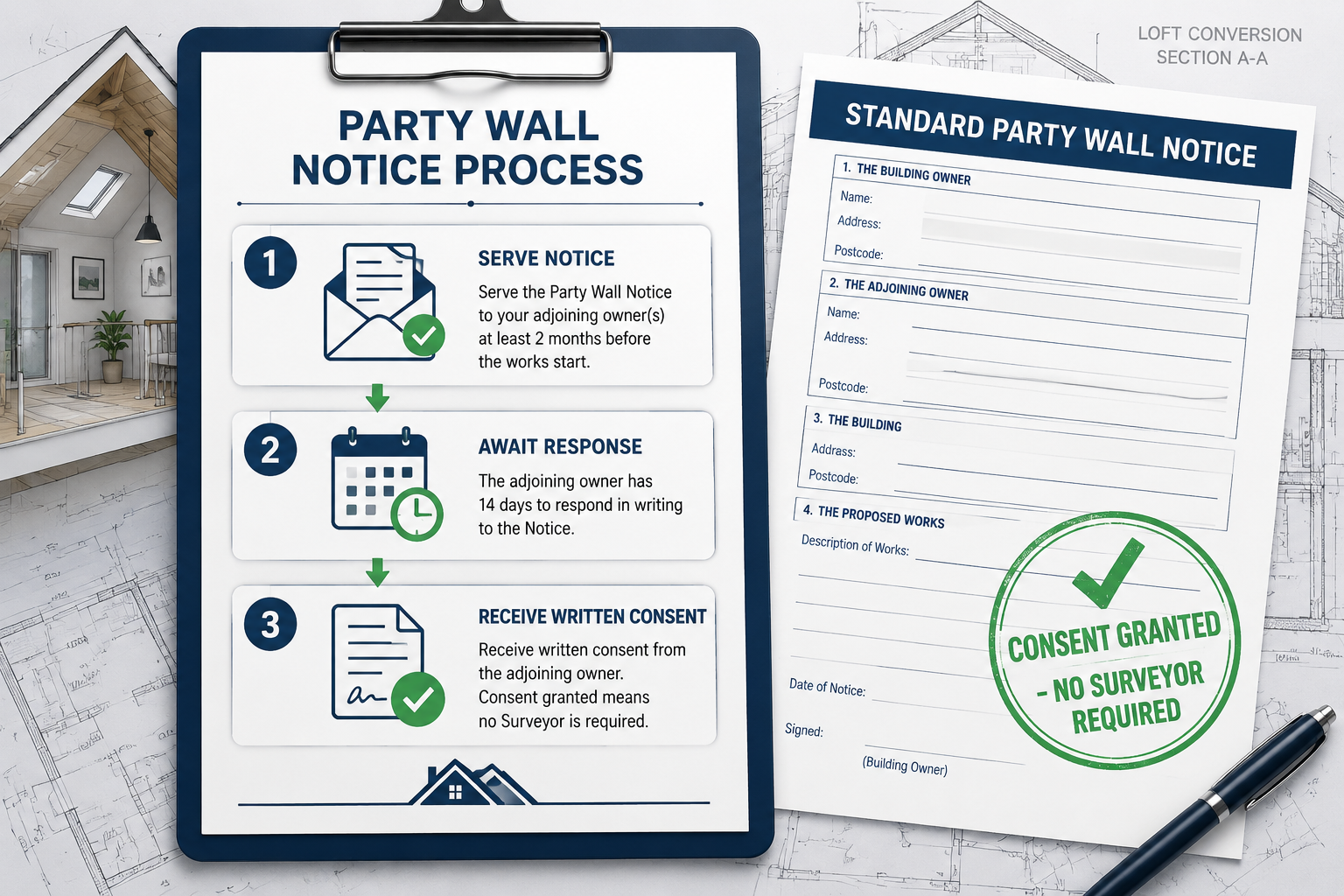 () detailed infographic-style image showing a step-by-step party wall notice process flowchart on a clipboard, with numbered
