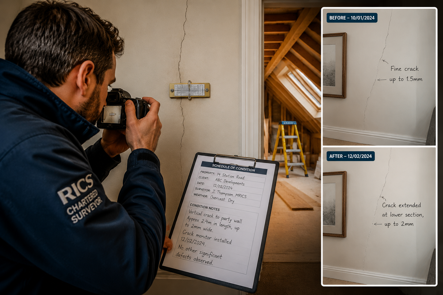 () close-up photorealistic scene of a surveyor conducting a schedule of condition survey inside a terraced house,
