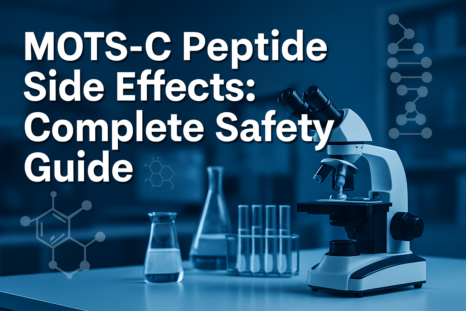 Professional landscape hero image (1536x1024) featuring bold text overlay 'MOTS-C Peptide Side Effects: Complete Safety Guide' in extra larg