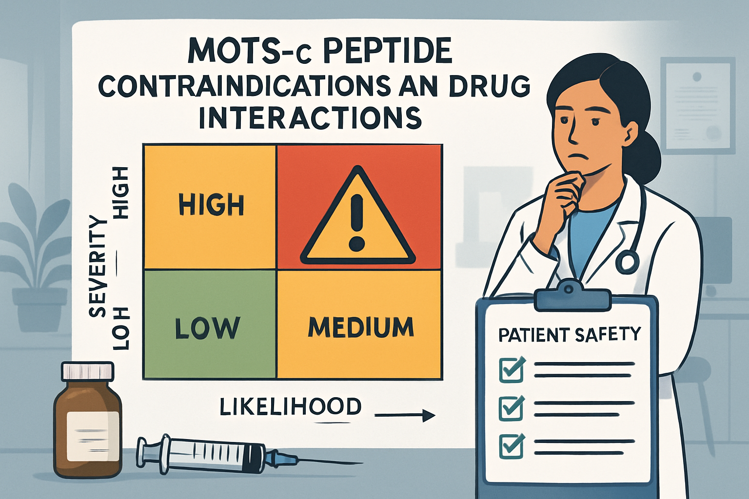 Risk assessment matrix visualization displaying MOTS-C peptide contraindications and drug interactions, featuring warning symbols, medical p