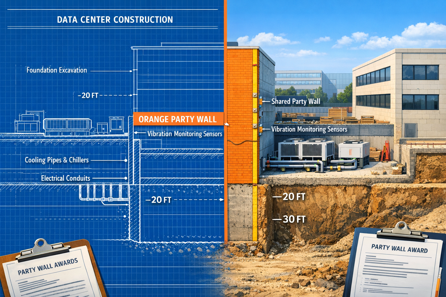 Detailed landscape format (1536x1024) illustration showing cross-section diagram of data center construction adjacent to existing commercial