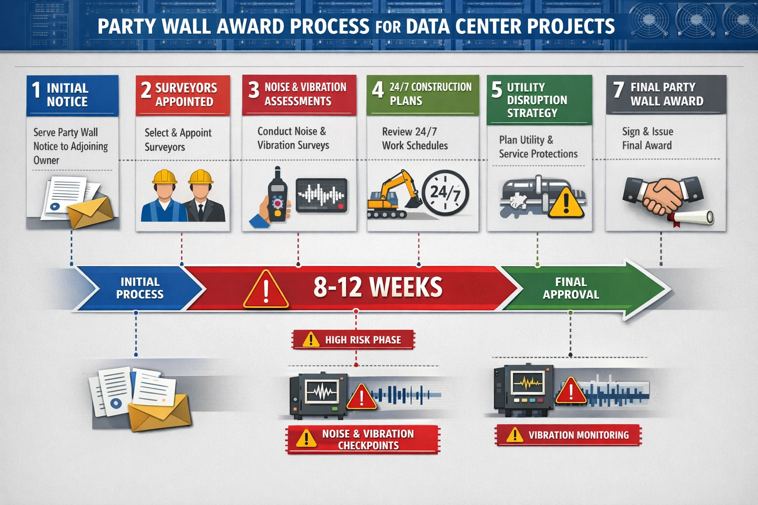 Detailed landscape format (1536x1024) infographic showing party wall award process timeline specifically for data center projects. Visual fl