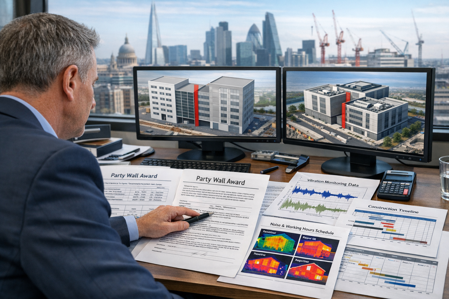 Detailed landscape format (1536x1024) photograph-style image of professional party wall surveyor in modern office reviewing multiple data ce