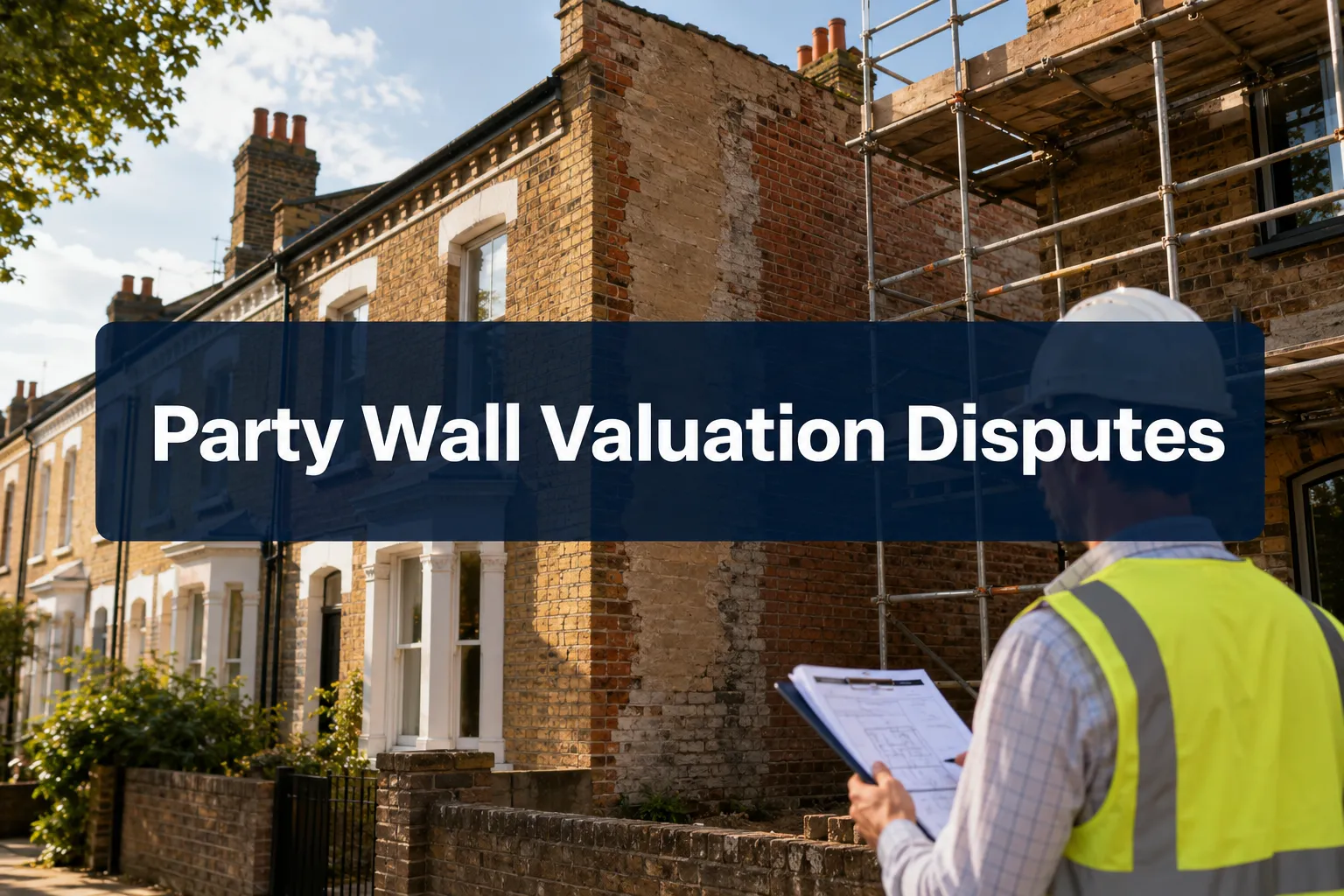 Professional () hero image with (≤42 chars): 'Party Wall Valuation Disputes' in crisp white on a deep navy semi-transparent