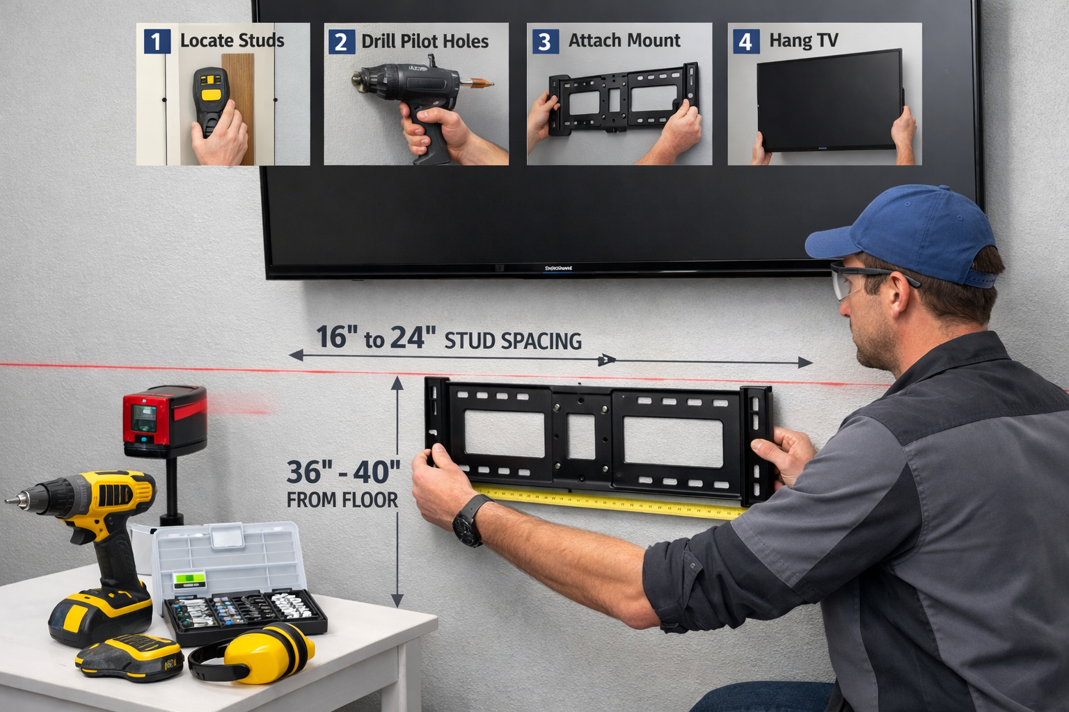 Wall Mount Soundbars for Modern Homes Detailed landscape format (1536x1024) image showing professional installer measuring wall space below mounted TV with laser level and measur