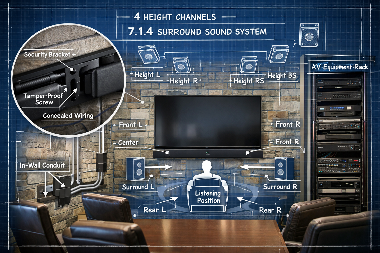 Wall Mount Soundbars for Modern Homes Detailed landscape format (1536x1024) image showing commercial installation scenario with soundbar mounted in upscale office conference room