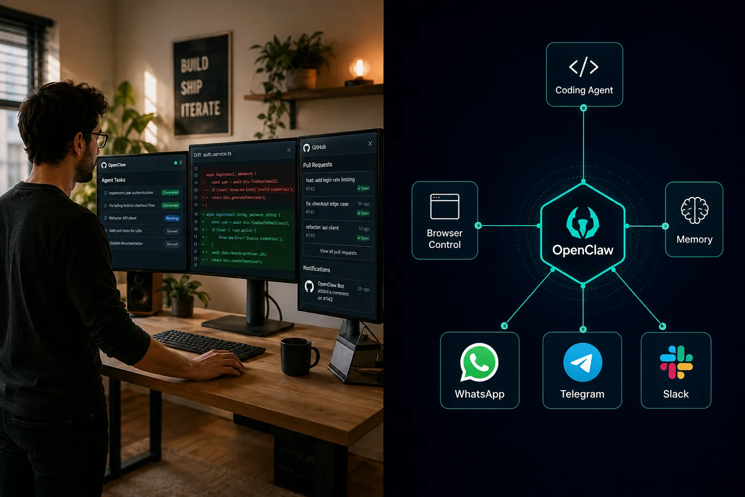 OpenClaw For Coding Split-screen editorial illustration (1536x1024): left half shows a developer at a standing desk with three monitors running OpenClaw agent tasks, code diffs, and GitHub PR notifications in a modern home office with warm natural light; right half shows a symbolic skill-plugin ecosystem diagram with labeled nodes: 'Coding Agent', 'Browser Control', 'Memory', 'WhatsApp', 'Telegram', 'Slack', connected by thin teal lines on a dark navy background. High contrast split composition, magazine quality, no dollar amounts or pricing grids. What People Are Building: Featured Builds and Community Showcases
