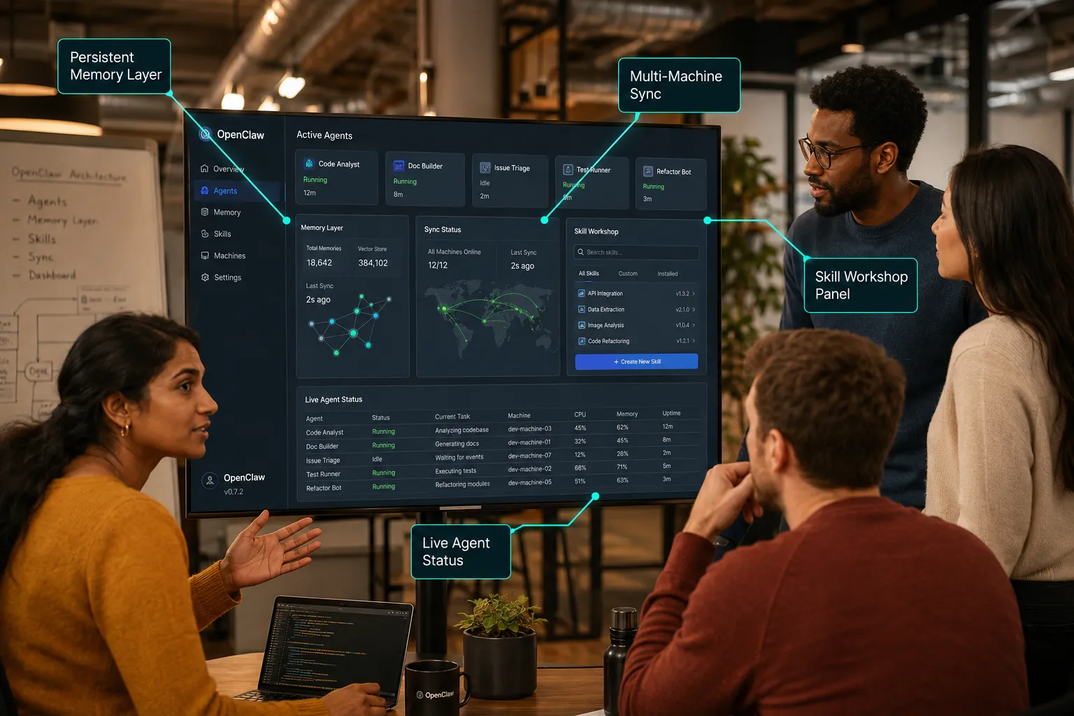OpenClaw For Coding Annotated documentary-style editorial photograph (1536x1024) of a diverse developer team gathered around a large screen showing an OpenClaw dashboard with active agents. Callout labels pointing to: 'Persistent Memory Layer', 'Multi-Machine Sync', 'Skill Workshop Panel', 'Live Agent Status'. Warm studio lighting, shallow depth of field on the screen, diverse team including a South Asian woman and a Black man in their 30s, modern open-plan office, teal accent overlays on callout lines, editorial tech publication quality. OpenClaw Setup, Troubleshooting, and Common Mistakes