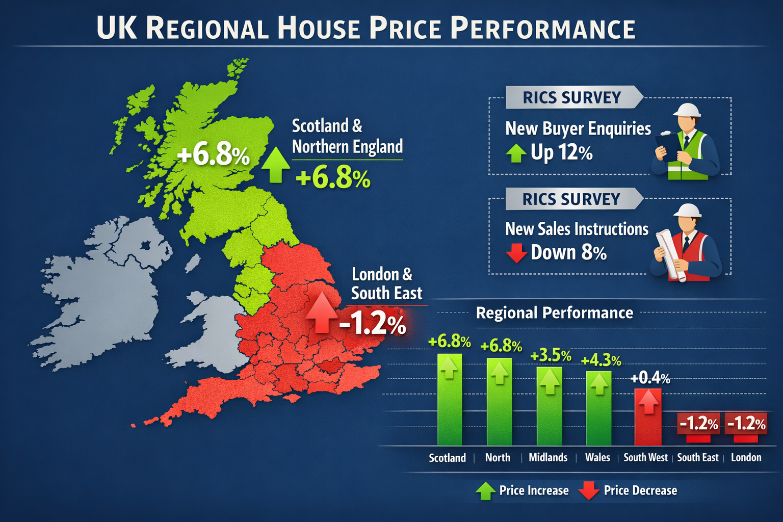 () detailed infographic showing UK regional house price performance map with color-coded regions: Scotland and Northern