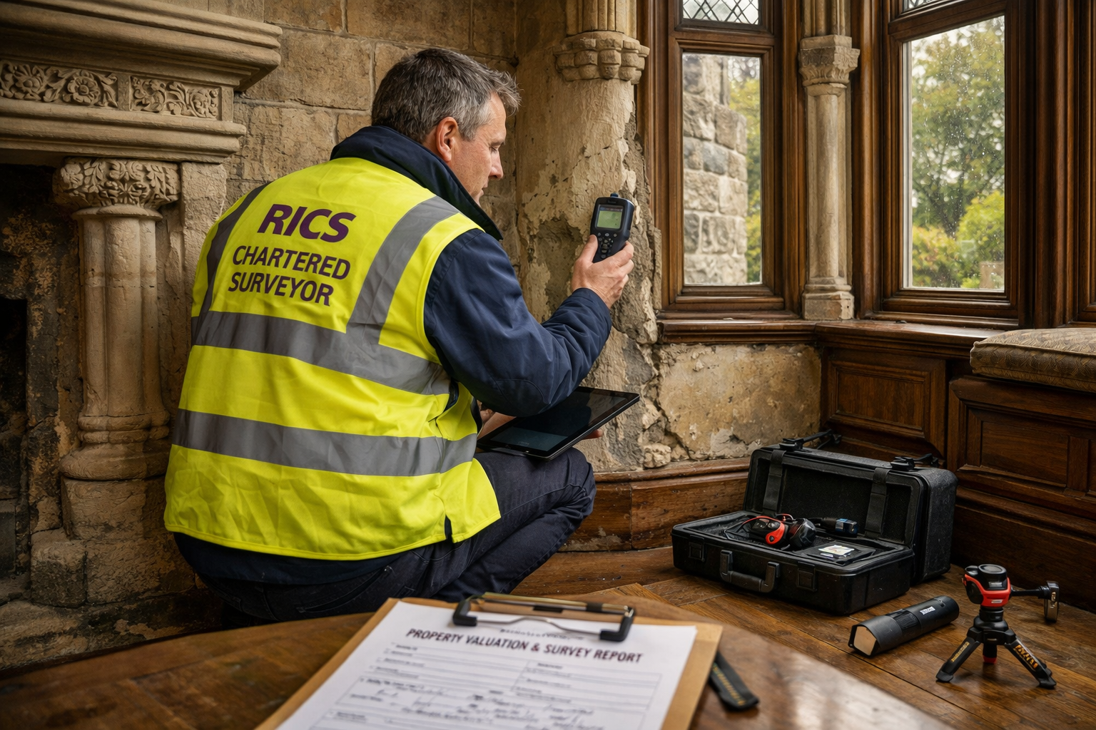 () professional scene showing RICS chartered surveyor conducting Level 3 building survey inspection in traditional Scottish