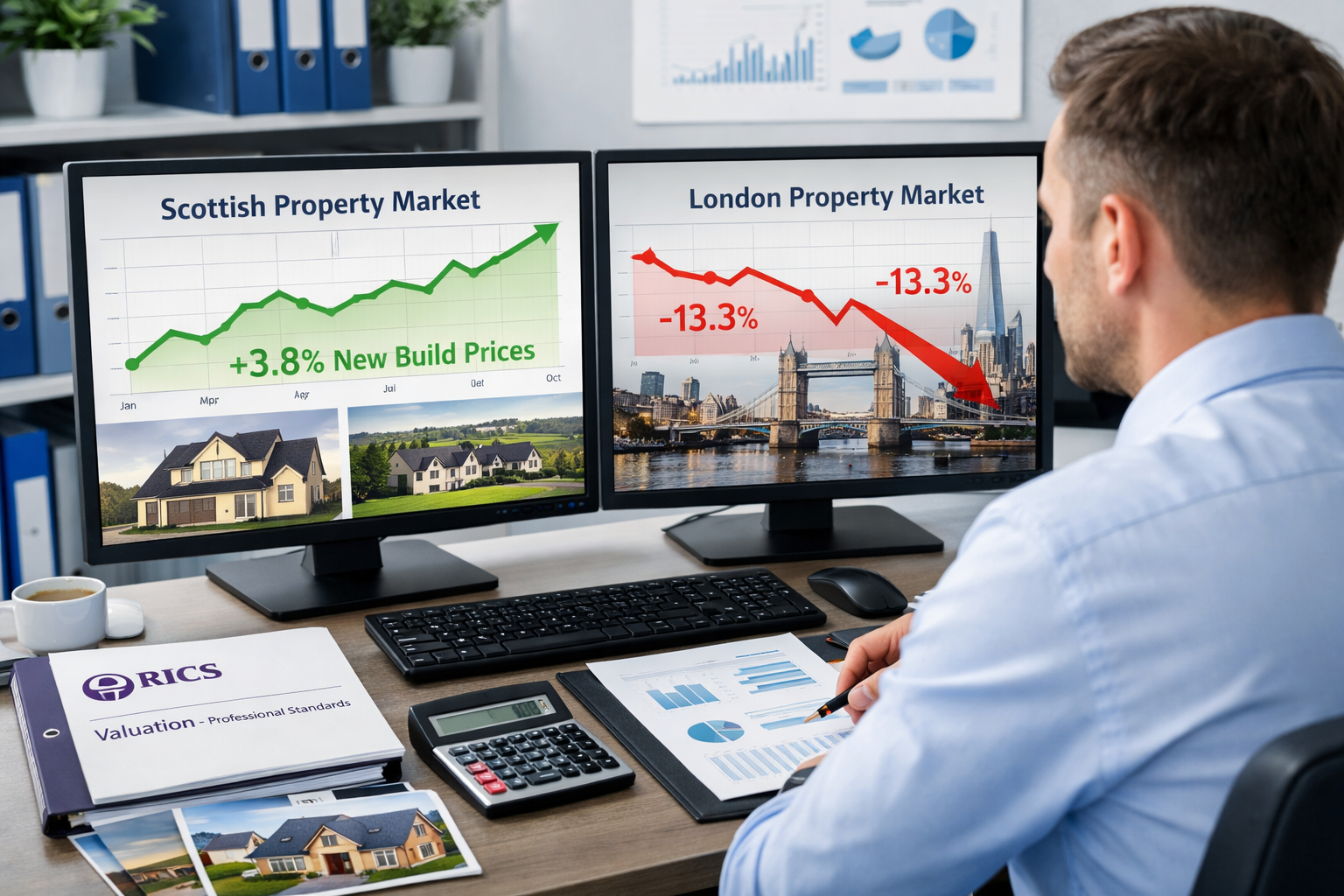 () modern office setting with property valuation specialist analyzing dual computer screens displaying comparative market