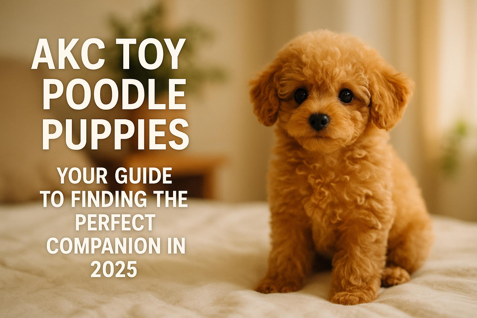 Professional landscape hero image (1536x1024) featuring a playful AKC Toy Poodle puppy with fluffy apricot fur, looking bright-eyed and aler