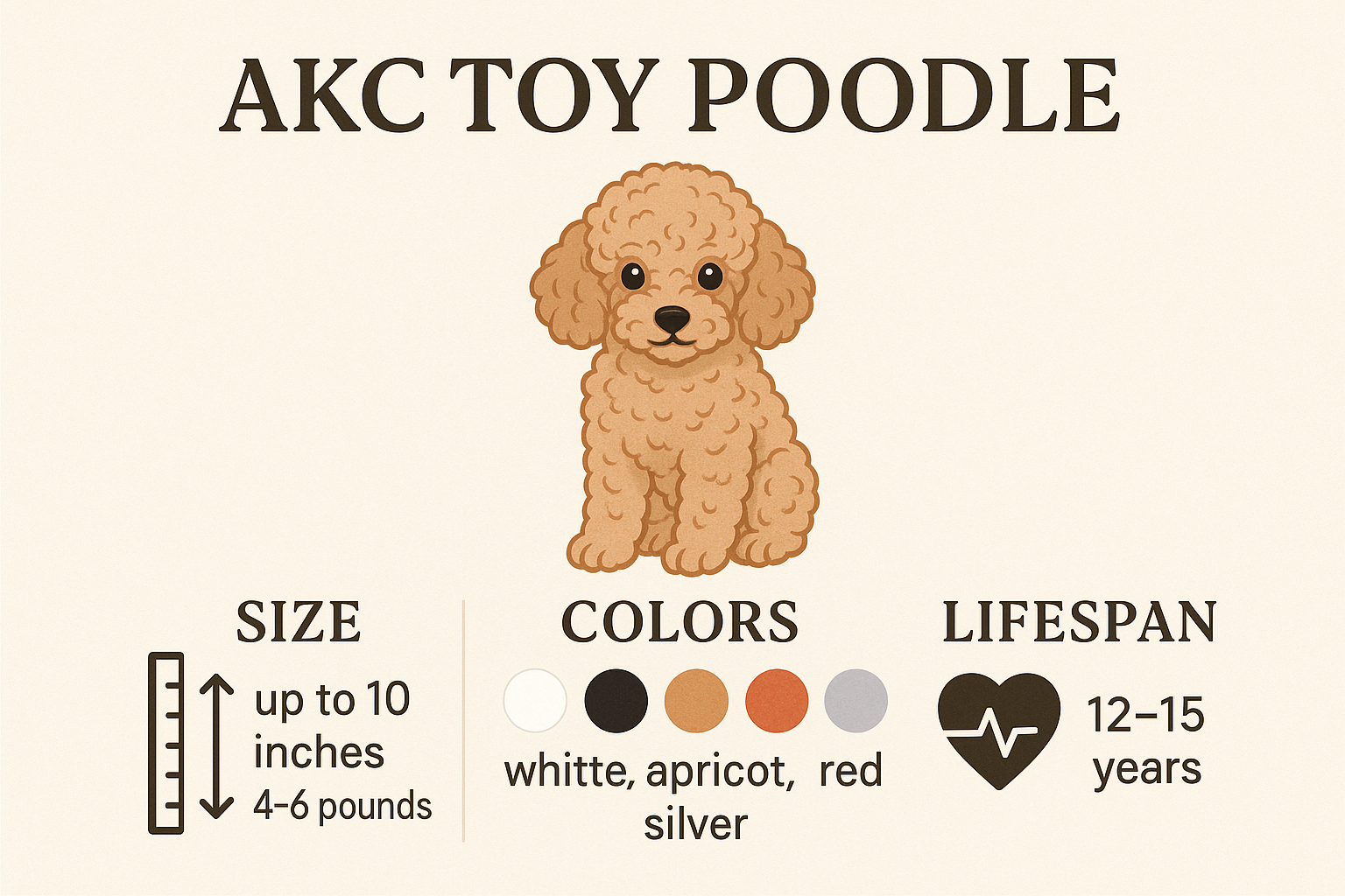 An infographic illustrating the key characteristics of AKC Toy Poodles, including their typical size (up to 10 inches, 4-6 pounds), common c
