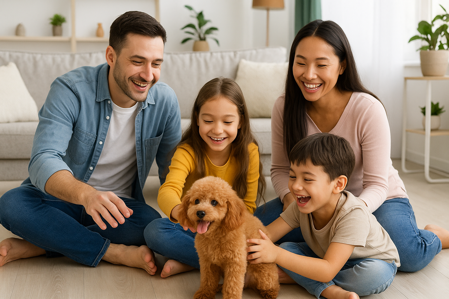 A heartwarming scene depicting a family interacting joyfully with an AKC Toy Poodle puppy in a clean, modern home environment. The puppy is 