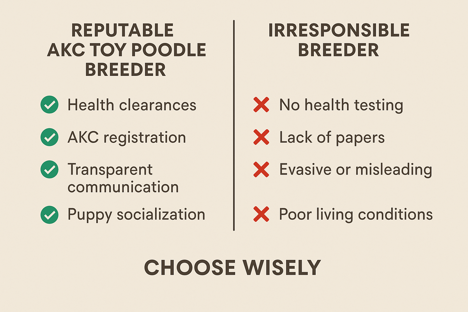 A comparative table presented as a visual graphic, highlighting the key differences between a reputable AKC Toy Poodle breeder and an irresp
