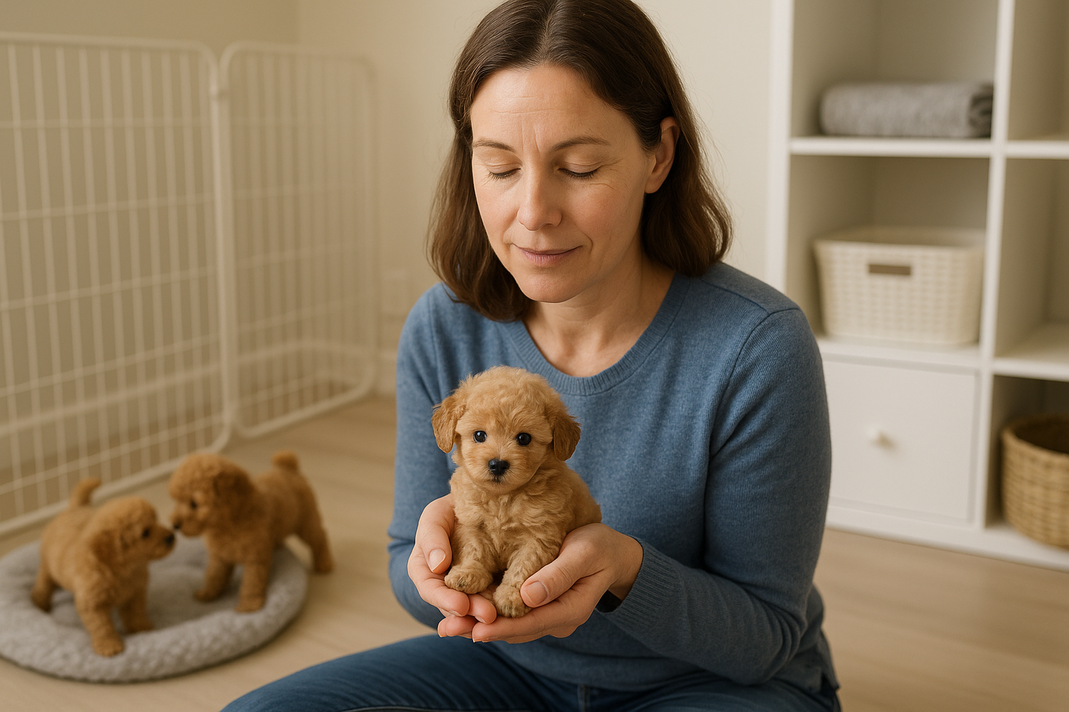 A serene and reassuring image of a responsible AKC Toy Poodle breeder (perhaps a woman) gently holding a tiny 'akc toy poodle puppy,' with o