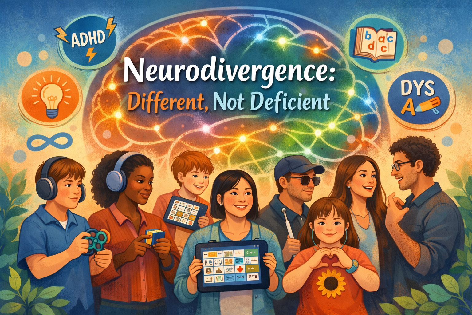 Landscape format (1536x1024) illustration showing diverse group of people with visible and invisible differences, some with sensory headphon