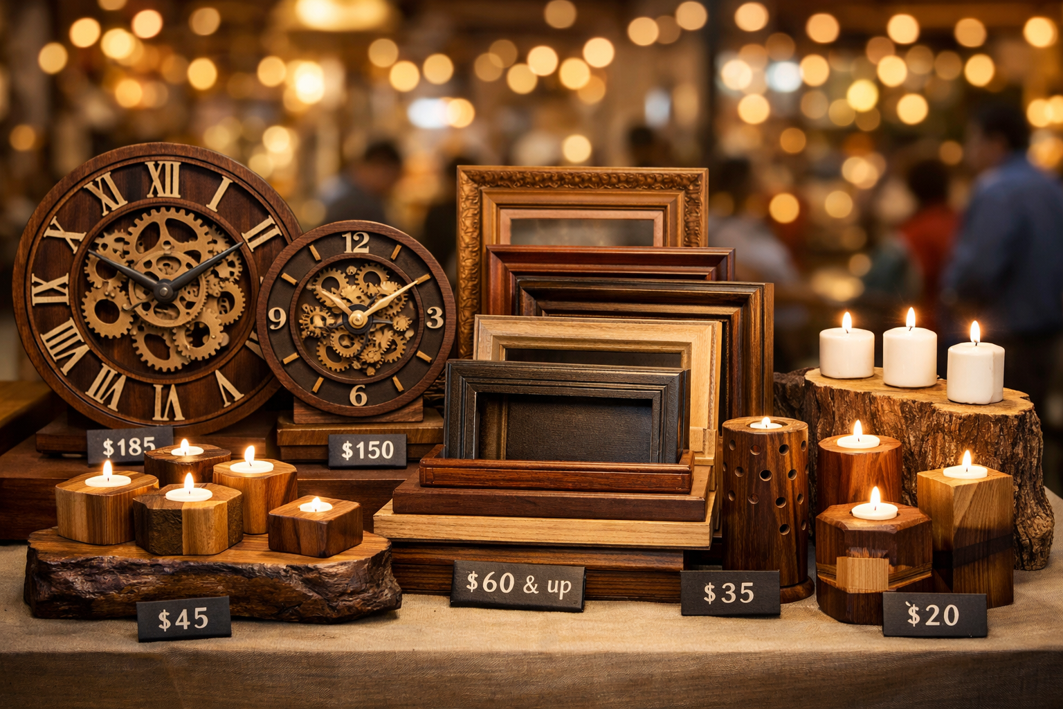 Landscape format (1536x1024) image showcasing a diverse array of finished small-batch woodworking projects: several intricately designed woo