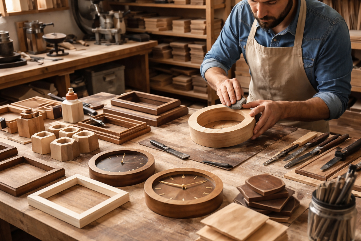 Landscape format (1536x1024) image illustrating a woodworking workshop dedicated to small-batch production. A skilled artisan is meticulousl