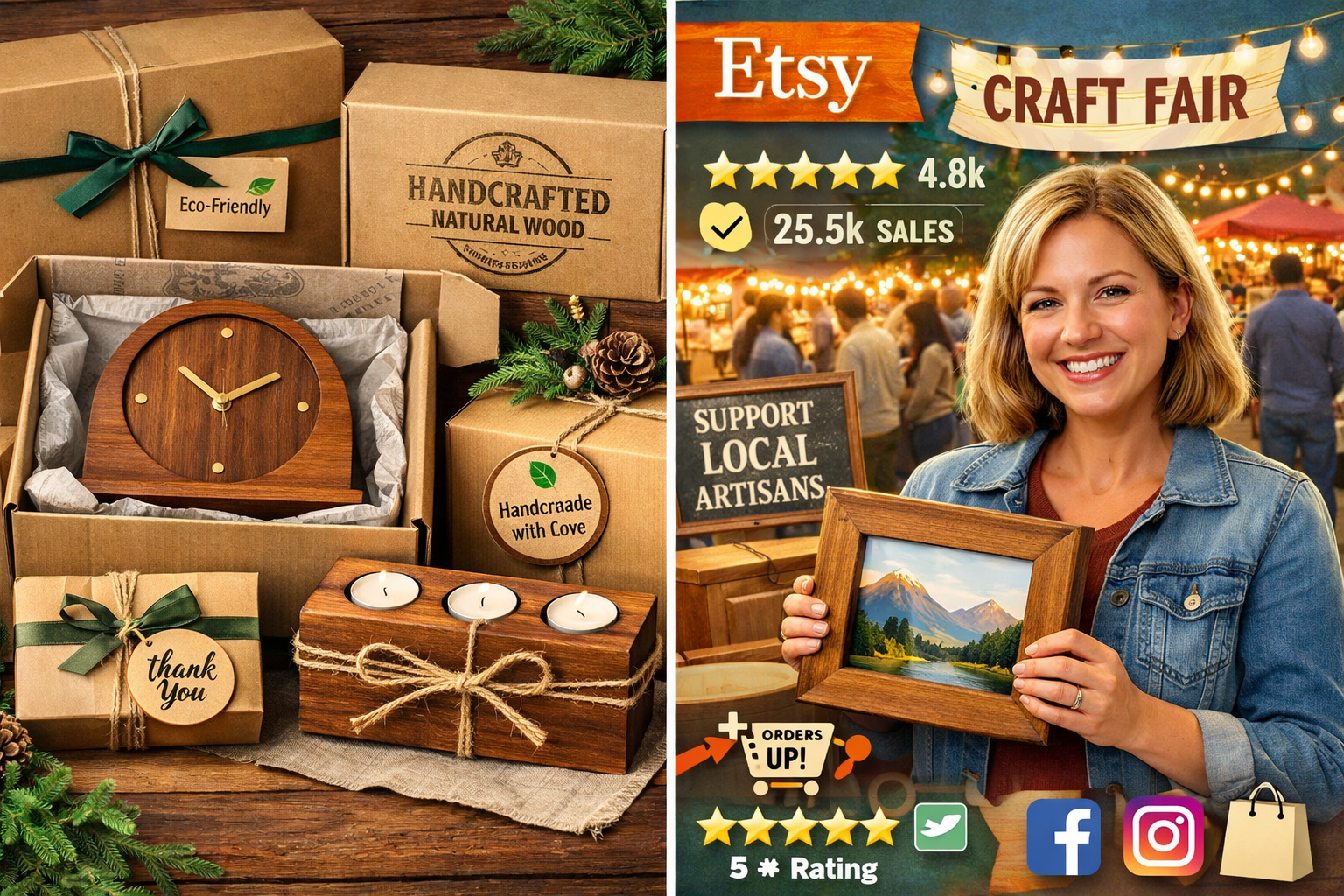 Landscape format (1536x1024) image depicting the journey of small-batch woodworking projects to market. A split-screen or infographic-style