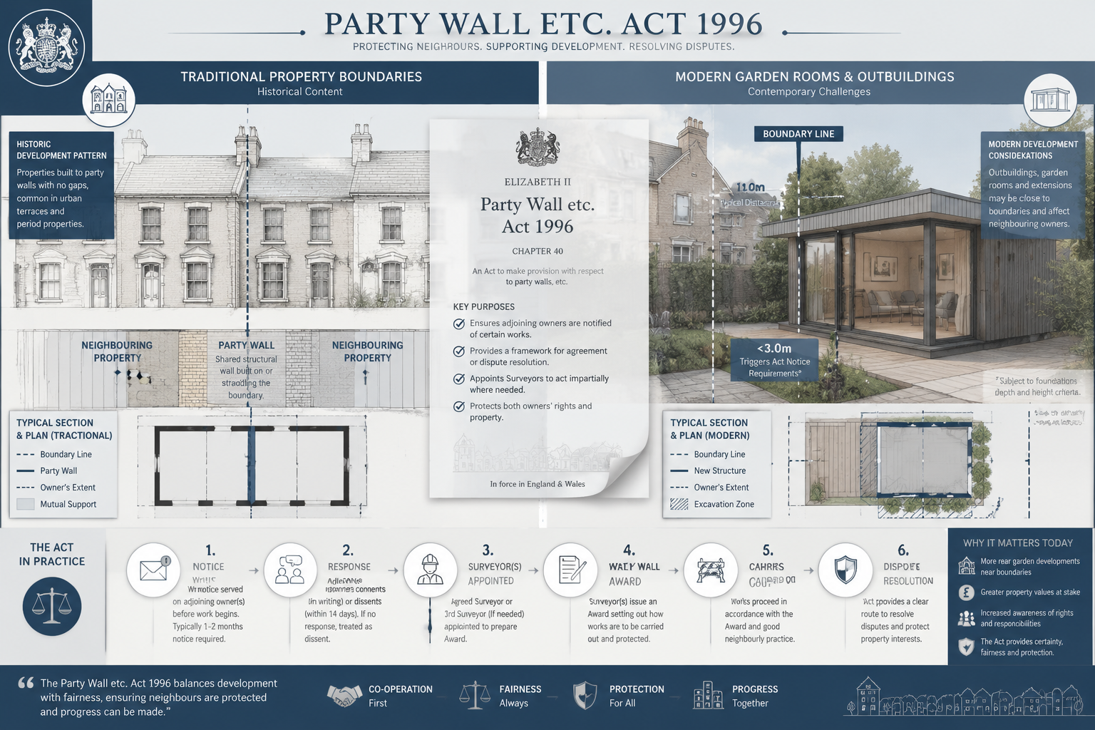 Comprehensive visual explanation of Party Wall etc. Act 1996, showcasing split-screen illustration comparing traditional