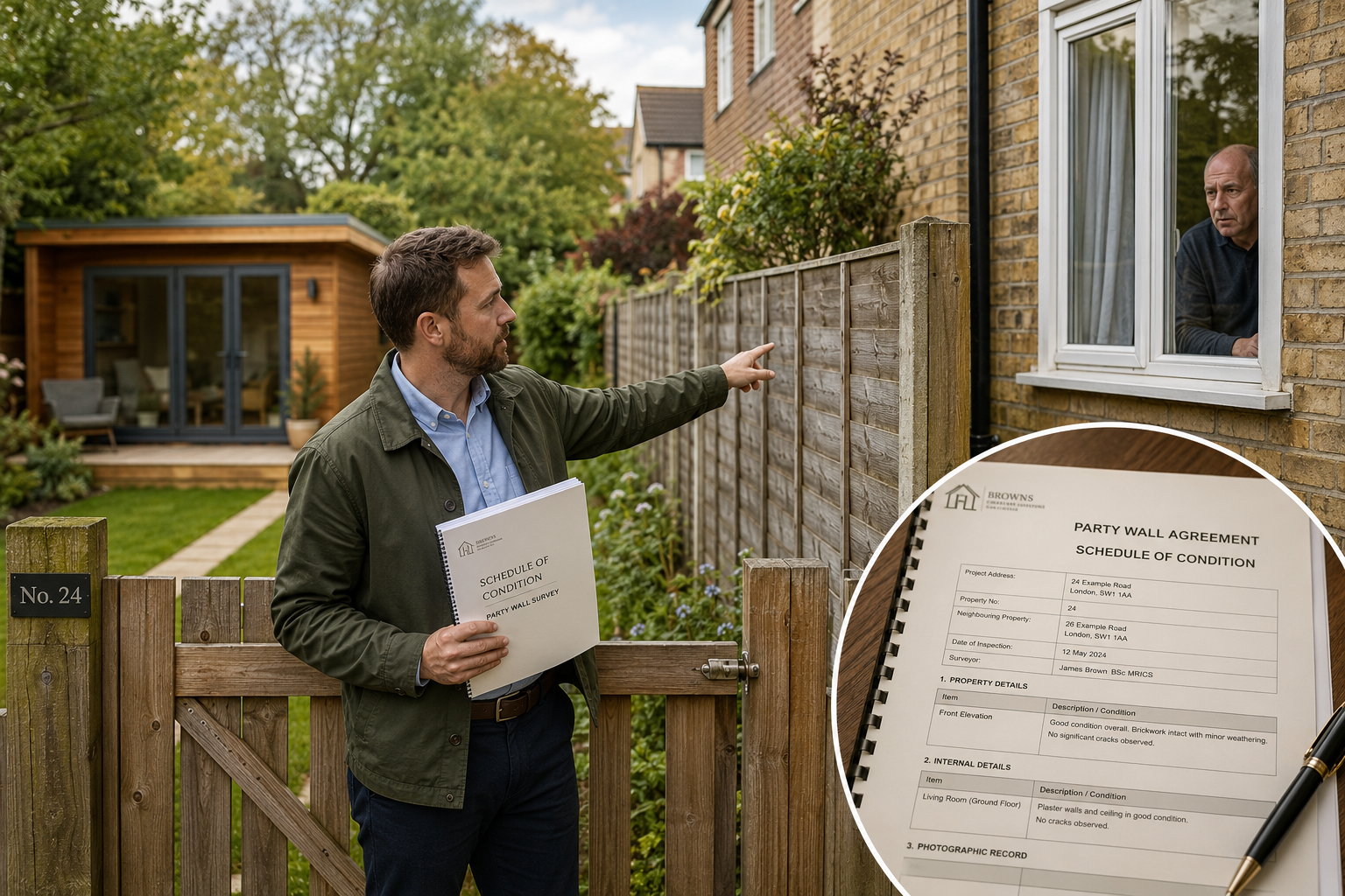 () showing a professional party wall surveyor in smart casual attire standing at a garden gate between two residential