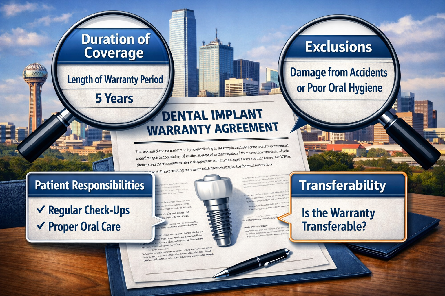 A visual representation of key factors to consider when evaluating a dental implant warranty agreement in Dallas. The image