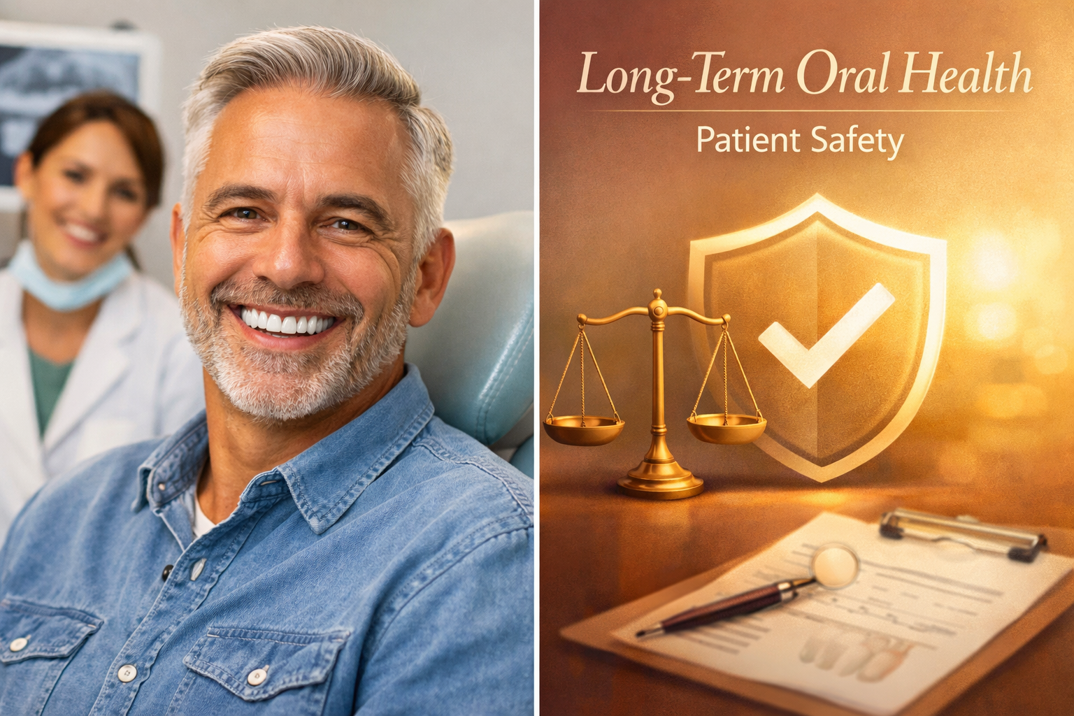 A compelling split image in () showing two scenarios: on one side, a satisfied patient smiling confidently after successful