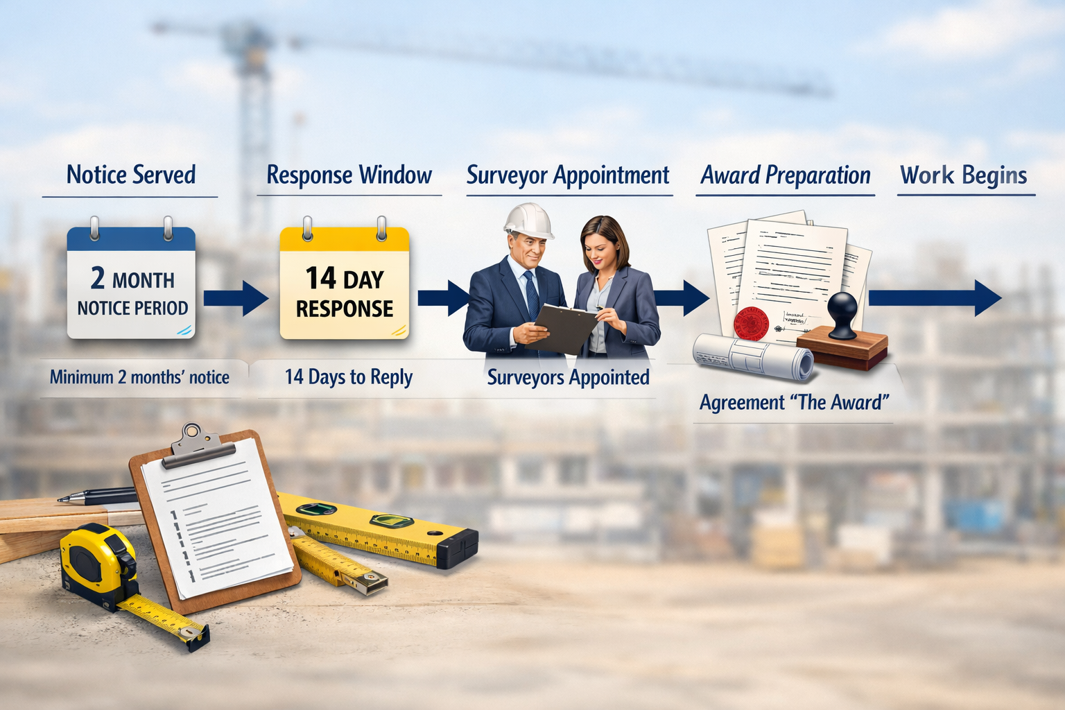 () detailed illustration showing the party wall notice timeline as an infographic flowchart, featuring calendar icons