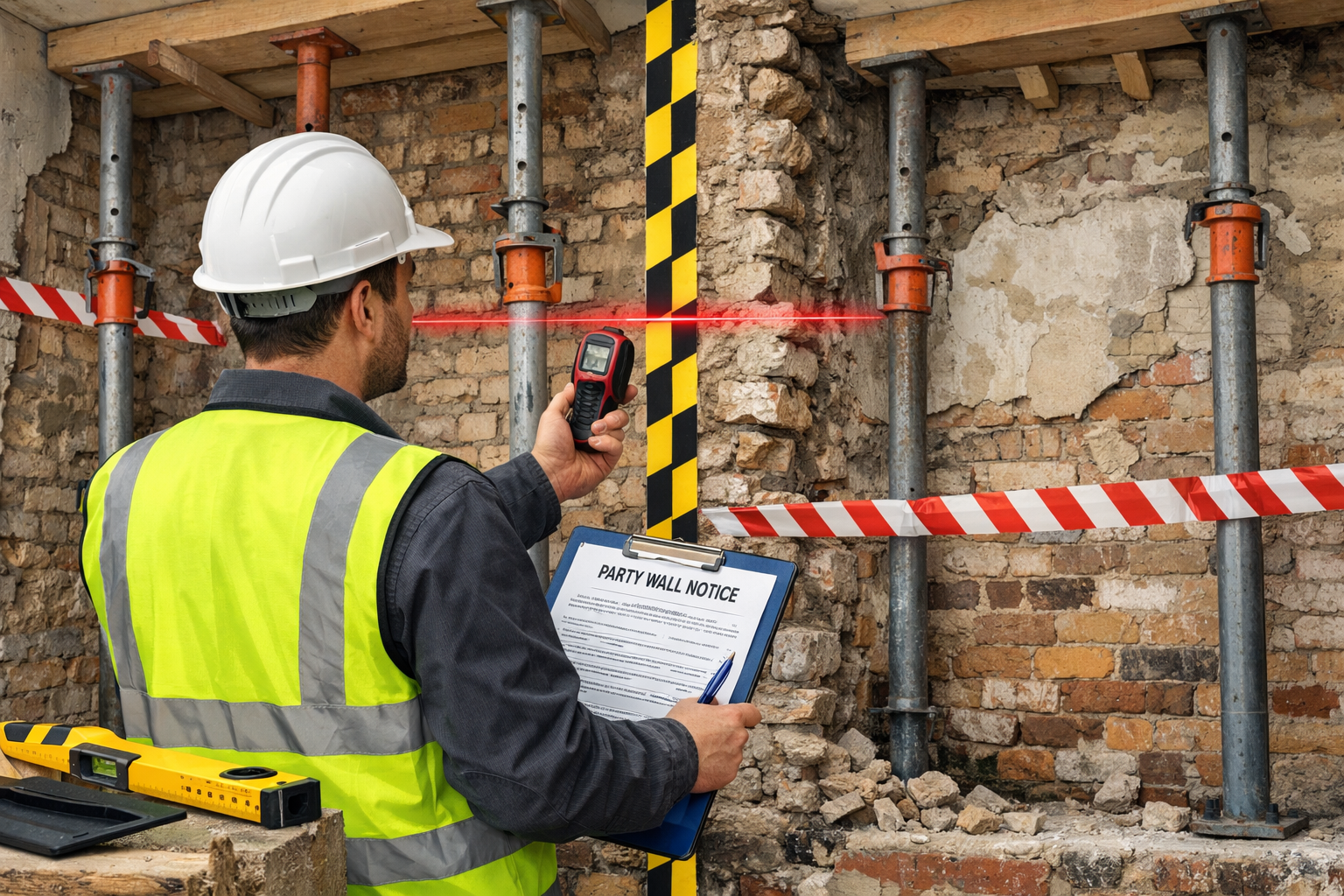 Detailed () image showing professional surveyor in high-visibility vest and hard hat conducting detailed structural